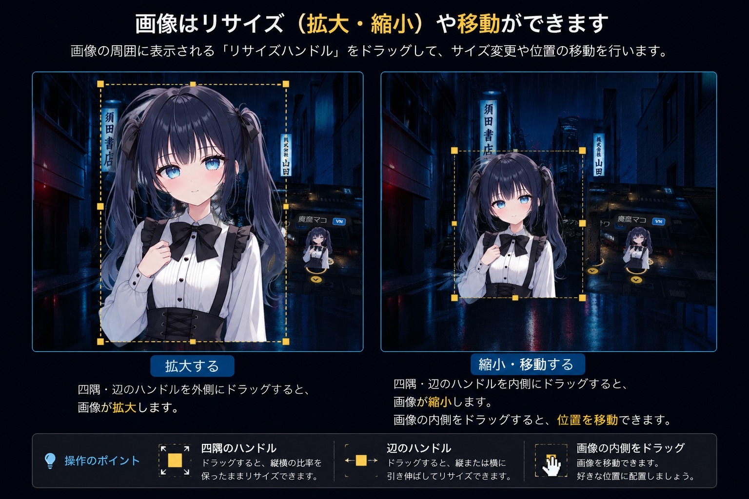 リサイズハンドルで立ち絵を拡大・縮小
